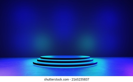 3D Illustration Of Round Podium In An Illuminated Event Studio Environment. Blue, Purple, Pink.