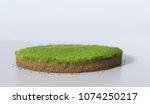 3D Illustration round soil ground cross section with earth land and green grass, realistic 3D rendering circle cutaway terrain floor with rock isolated