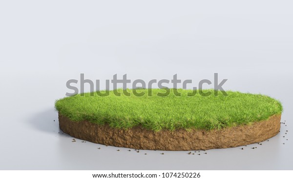 地球の陸地と緑の草を持つ土地の横断面を取り囲む3dイラスト リアルな3dレンダリング円 岩を分離した地形の床 のイラスト素材