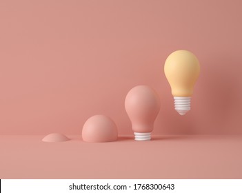 3D Illustration. Row of light bulbs with one of different colour isolated against color pastel background. Creative. Idea concept. Success concept.