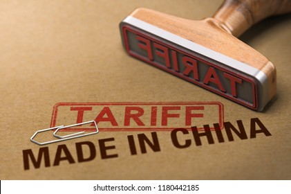 3d Illustration Of A Rubber Stamp Over Cardboard Background With The Words Made In China And Tariff. Concept Of Trade War.