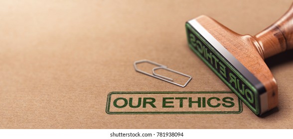 3D illustration of rubber stamp over paper background with the text our ethics. Business moral principles concept