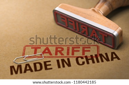 3d illustration of a rubber stamp over cardboard background with the words made in China and tariff. Concept of trade war. [[stock_photo]] © 