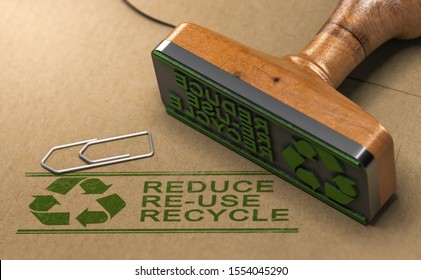 3D Illustration Of A Rubber Stamp With The Text Reduce, Re-use And Recycle Printed On Kraft Paper. Reducing Waste Footprint Concept.