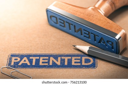 3D illustration of rubber stamp with the text patented. IP law and intellectual property patent concept