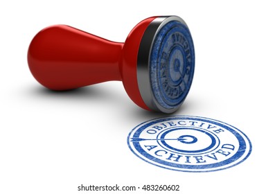 3D illustration of a rubber stamp where it is written objective achieved over white background. Concept of training results
