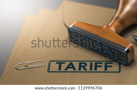 3D illustration of a rubber stamp with the word tariff stamped on paper background. Concept of taxes or duties on imported goods. [[stock_photo]] © 