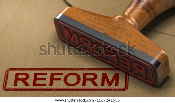 3D illustration of a rubber stamp\
with the word reform stamped on kraft paper\
envelope.