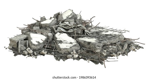 3D illustration of a rubble heap with cinder blocks and iron