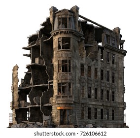 3D Illustration Ruined Building Isolated On White.