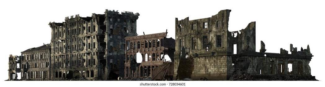 3D illustration ruined building isolated white 