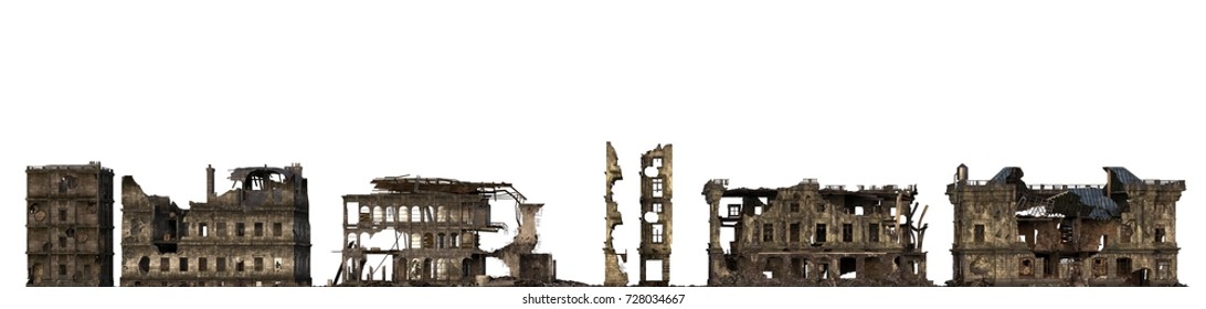 3D illustration ruined building isolated on white.