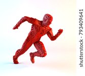 3D illustration of running voxel man on white background