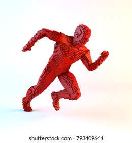 3D illustration of running voxel man on white background