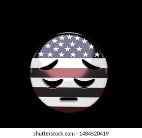 3D Illustration Of A Sad Emoji Drapped In The Colors Of The United States Flag With A Black Background.