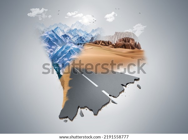 3d\
illustration of Safari and travel. Sahara desert at sunrise,\
mountain and snow landscape with dust on skyline. desert road\
advertisement, off road and desert isolated\
ads.
