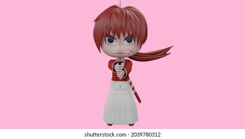 3D illustration of samurai character with X shaped scar. Holding Katana Sword Front Side View. Cartoon character 3D rendering