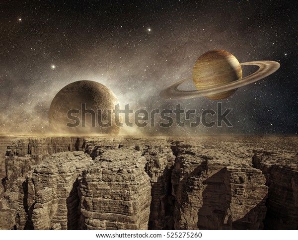 3d illustration of saturn and moon in the sky\
of a barren landscape