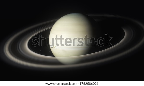 3d Illustration of Saturn and a spacecraft\
orbiting the planet and its ring\
system