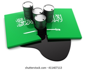 3d Illustration Of Saudi Arabia Flag And Oil Barrels