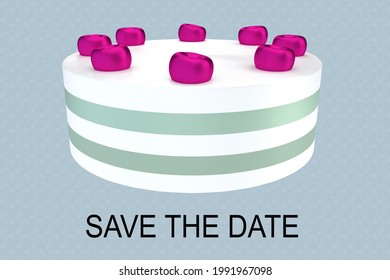 3D illustration of SAVE THE DATE script under a cherry cake, isolated on blue pattern. - Powered by Shutterstock