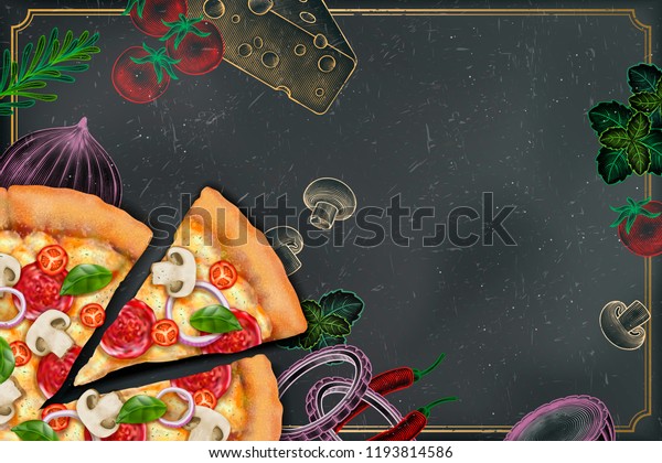 彫刻スタイルのチョーク落書き風背景に3dイラストのおいしいピザと豊富なトッピング スローガン用のコピースペース のイラスト素材