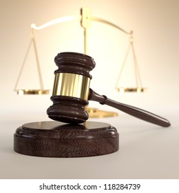 3D illustration of scales of justice and gavel on orange background