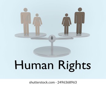 3D illustration of scales loaded with two pairs of woman and man silhouettes - each of which in different colors, emphasizing equal human rights for all. - Powered by Shutterstock