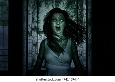 3d illustration of Scary ghost woman in haunted house,Horror background,mixed media - Powered by Shutterstock