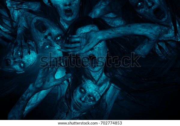 地獄で叫ぶ恐ろしい幽霊女性の3dイラスト ホラー背景 混合メディア のイラスト素材
