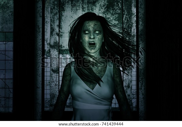 お化け屋敷の中に怖い幽霊女の3dイラスト ホラー背景 ミックス