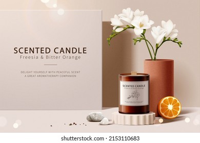 3d Illustration Of Scented Candle Promo Ad. Candle Mock Up Displayed On Podium With Freesia Vase And Orange.