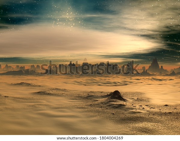 3D illustration\
of science fiction\
landscape