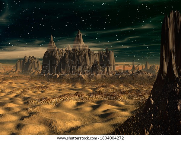 3D illustration\
of science fiction\
landscape