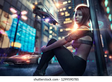 3D Illustration Of A Science Fiction Scene With A Beautiful Woman Sitting By The Side Of The Street