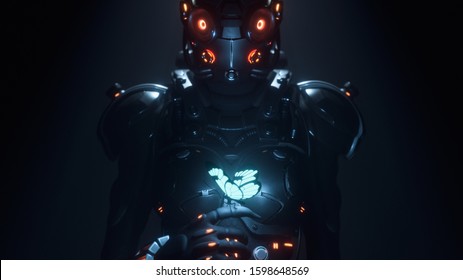 3d Illustration Of Sci-fi Cyborg Female In Shiny Black Metal Armor Suit With Helmet With Red Luminous Glasses Looking At The Glowing Butterfly Landed On Her Finger In A Night Scene With Air Pollution.