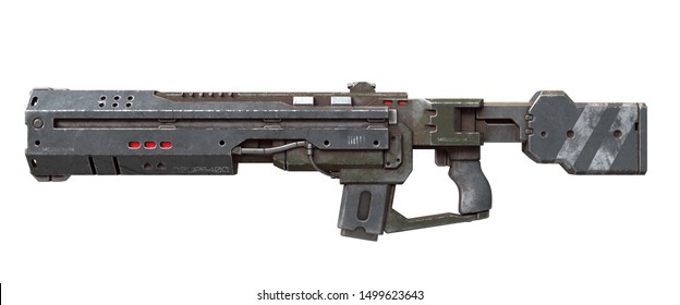 3d illustration of sci-fi futuristic weapon isolated on white background. Science fiction military laser gun. Concept design of high-tech assault rifle with green gray color scratched metal. Side view