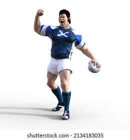 3D Illustration of a Scotish Rugby Player as they fist pump the air in celebration after scoring a try and winning the championship rugby match. A stylized rugby character with superhero features. - Powered by Shutterstock