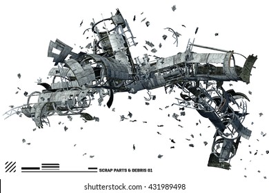 3D Illustration Of Scrap Space Ship Parts And Debris 1