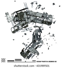 3D Illustration Of Scrap Space Ship Parts And Debris 2