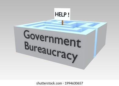 3D Illustration Of The Script HELP! On A Signboard Held Up By A Citizen Lost In Government Bureaucracy, Represented By A Symbolic Maze.