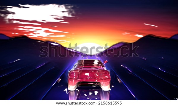 3D Illustration\
and sculpt of a conceptual scene where a car is shown heading down\
a highway towards sunset subsequently textured and multicolored.\
View up close for\
details.