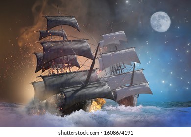 3D Illustration Of A Sea Battle Pirate Ship