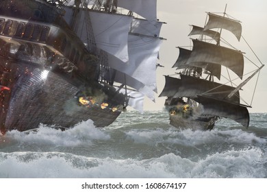 3D Illustration Of A Sea Battle Pirate Ship