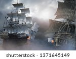 3D Illustration of sea battle with a sailing pirate ship