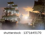 3D Illustration of sea battle with a sailing pirate ship
