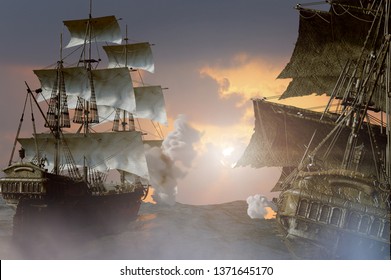 3D Illustration Of Sea Battle With A Sailing Pirate Ship