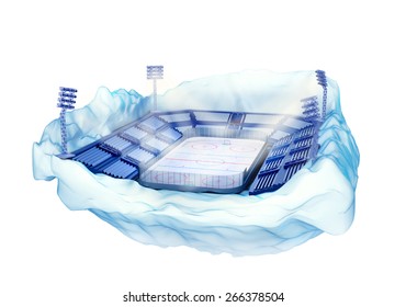 3d Illustration Of Section Of Iceberg Island With Hockey Stadium With Light Towers Isolated On White