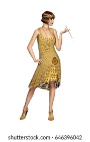 3D Illustration Of A Seductive Woman Wearing A Vintage 1920's Flapper Dancer Dress With A Cigarette Holder.