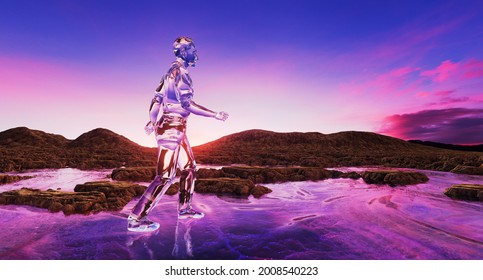 3D Illustration Of See Through Man Walking On Magenta Colored Water In A Rocky Desert Landscape.